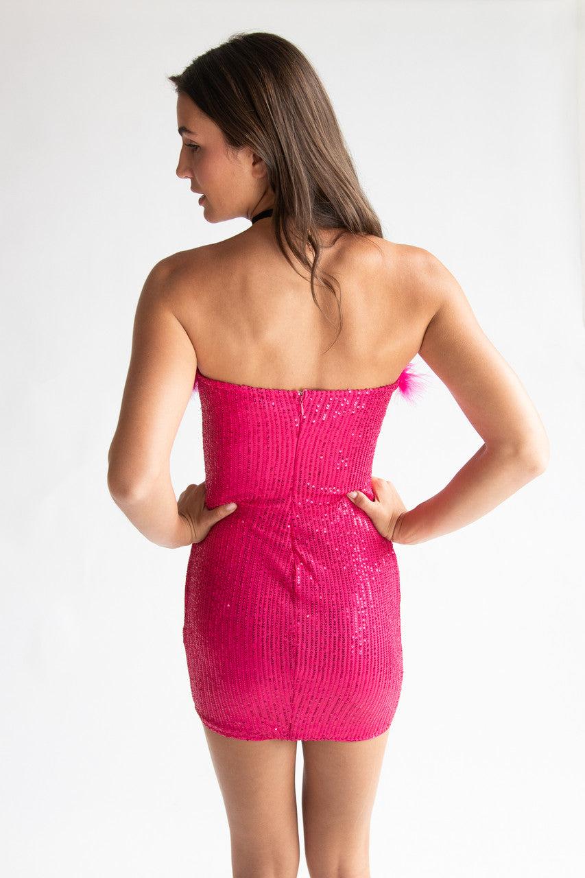 Sequin Fur Trim Strapless Mini Dress Product Image