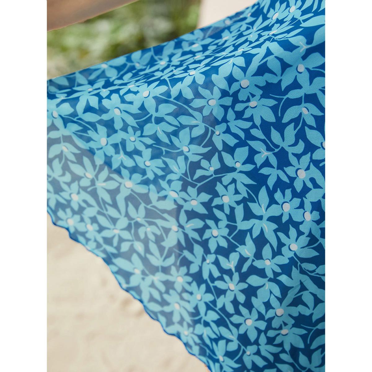 Plus Size Floral Print Contrast Trim Ruffle Tiered Swim Dress Women's Swimwear Blue Vacation Bodycon V-neck High stretch Curve Swim Dresses BloomChic 22-24/3X Product Image