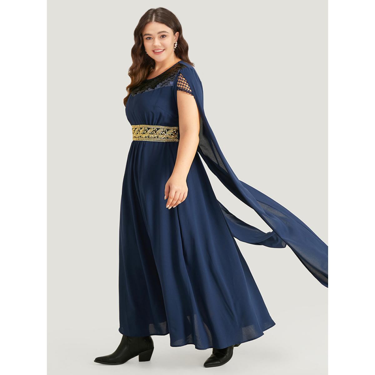 Plus Size Halloween Sequin Detail Embroidered Cut Out Dress DarkBlue Women Elegant Patchwork Round Neck Sleeveless Curvy Long Dress BloomChic 14-16/1X Product Image