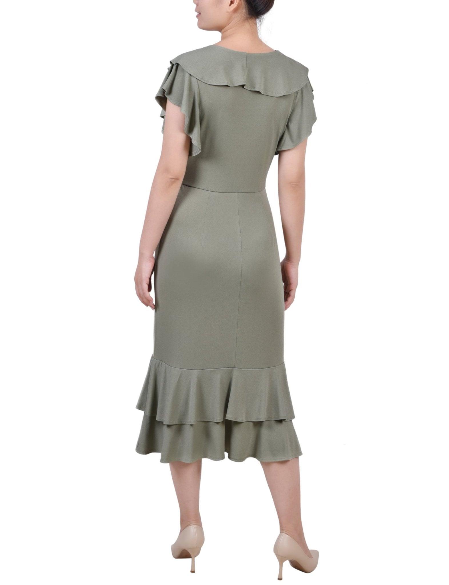Oil Green Short flutter Sleeve Ruffle Neck Dress - Petite Product Image