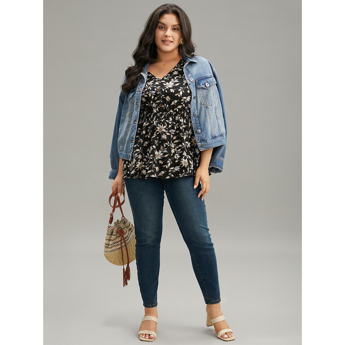 Plus Size BlackFlower Floral Print Shirred Button Detail V Neck Petal Sleeve Blouse Women Vacation Half Sleeve V-neck Dailywear Blouses BloomChic 28/5X Product Image