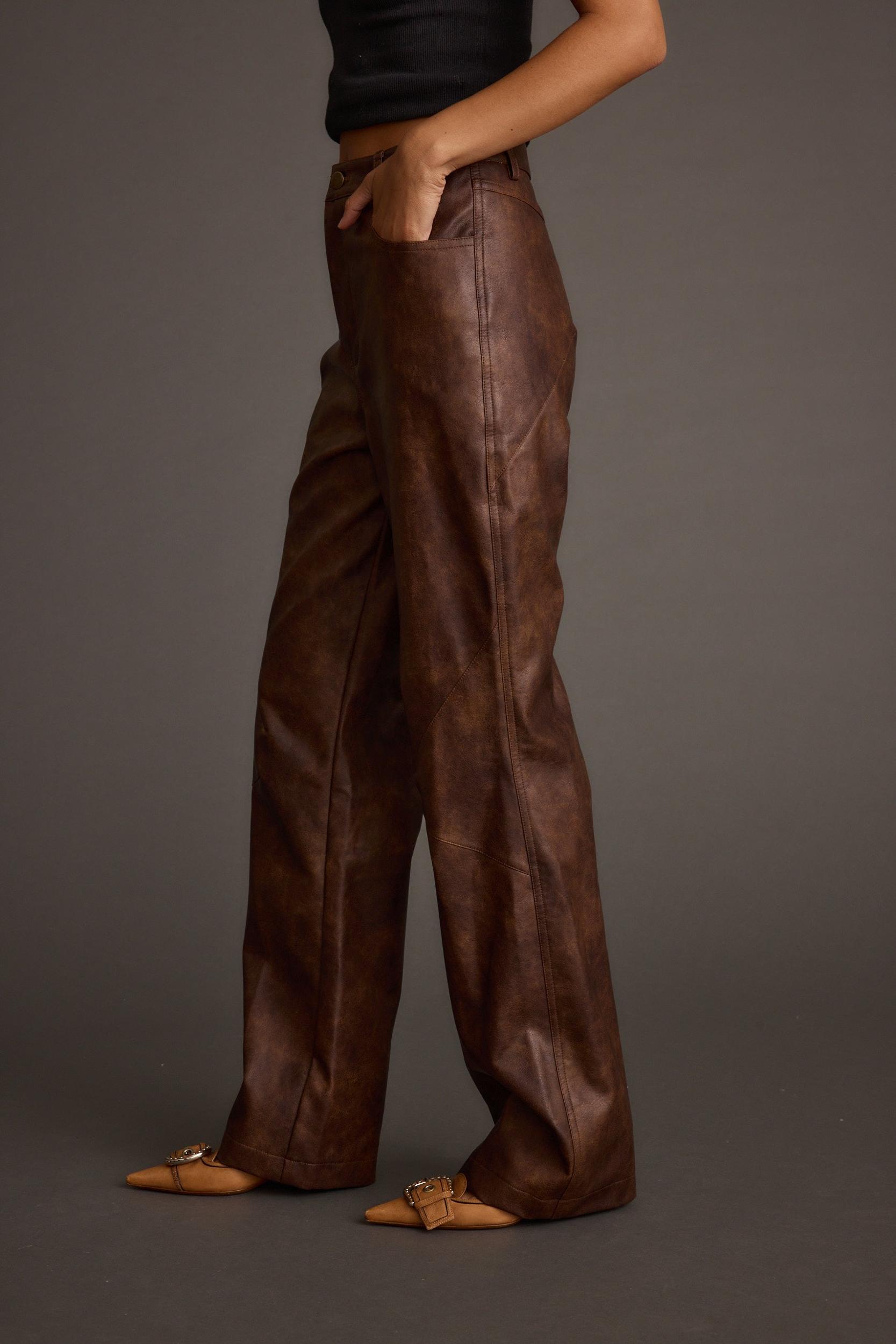 Kingsley Washed Brown Vegan Leather Straight Leg Pants Product Image