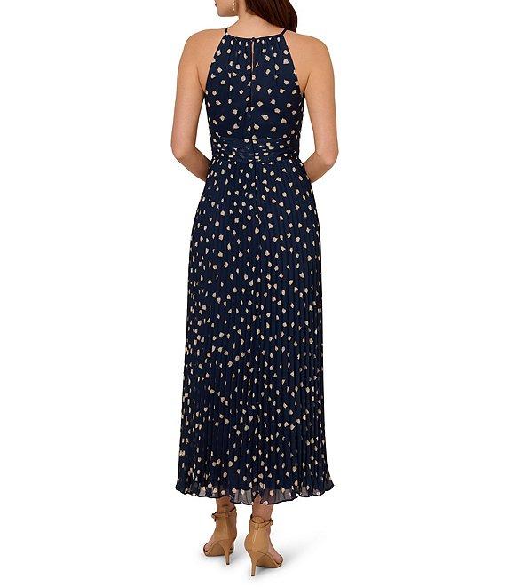 Adrianna Papell Chiffon Dotted Print Keyhole Halter Neck Sleeveless A-Line Maxi Dress Product Image