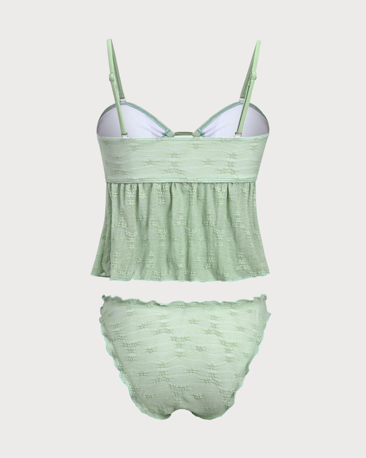 Green Knitted Cutout Tie-Front Tankini Swimsuit Product Image