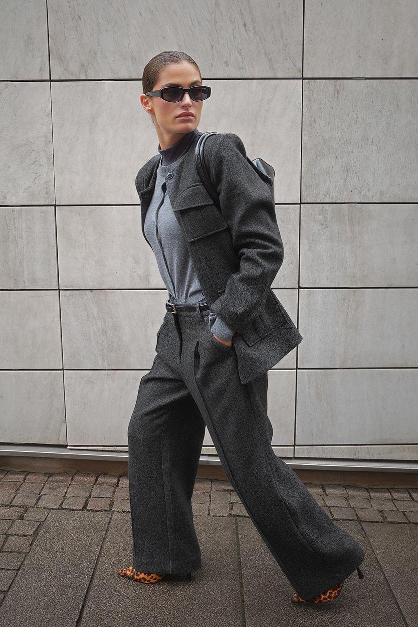 Mid Waist Herringbone Trousers Grey Product Image