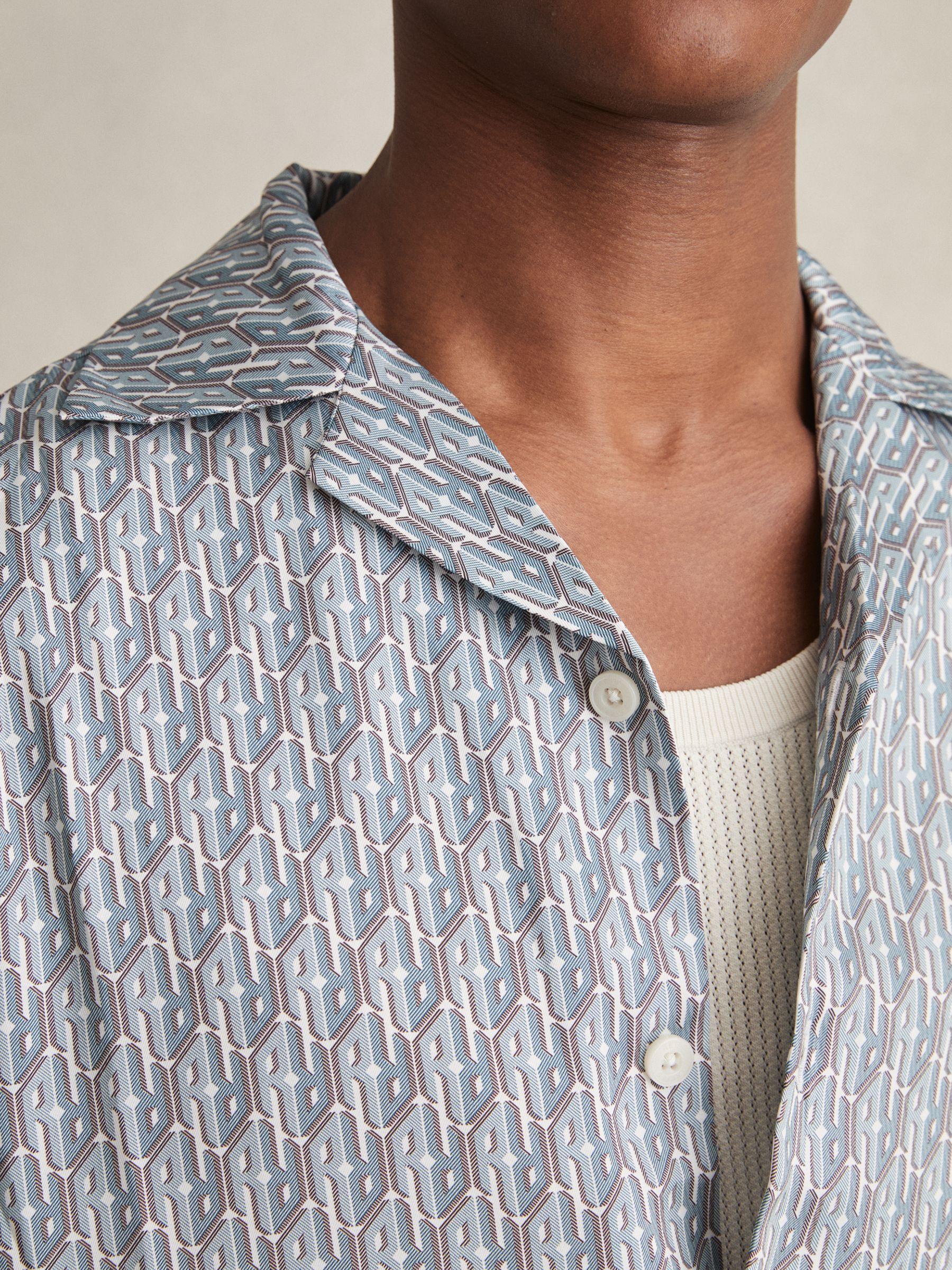 Monogram-Print Cuban-Collar Shirt in Blue Product Image