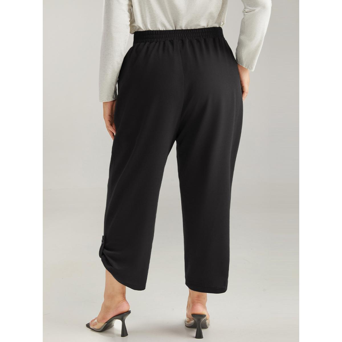 Plain Elastic Waist Button Detail Sweatpant Black Plus Size Women Casual Dailywear Plain 10/M Bloomchic Product Image