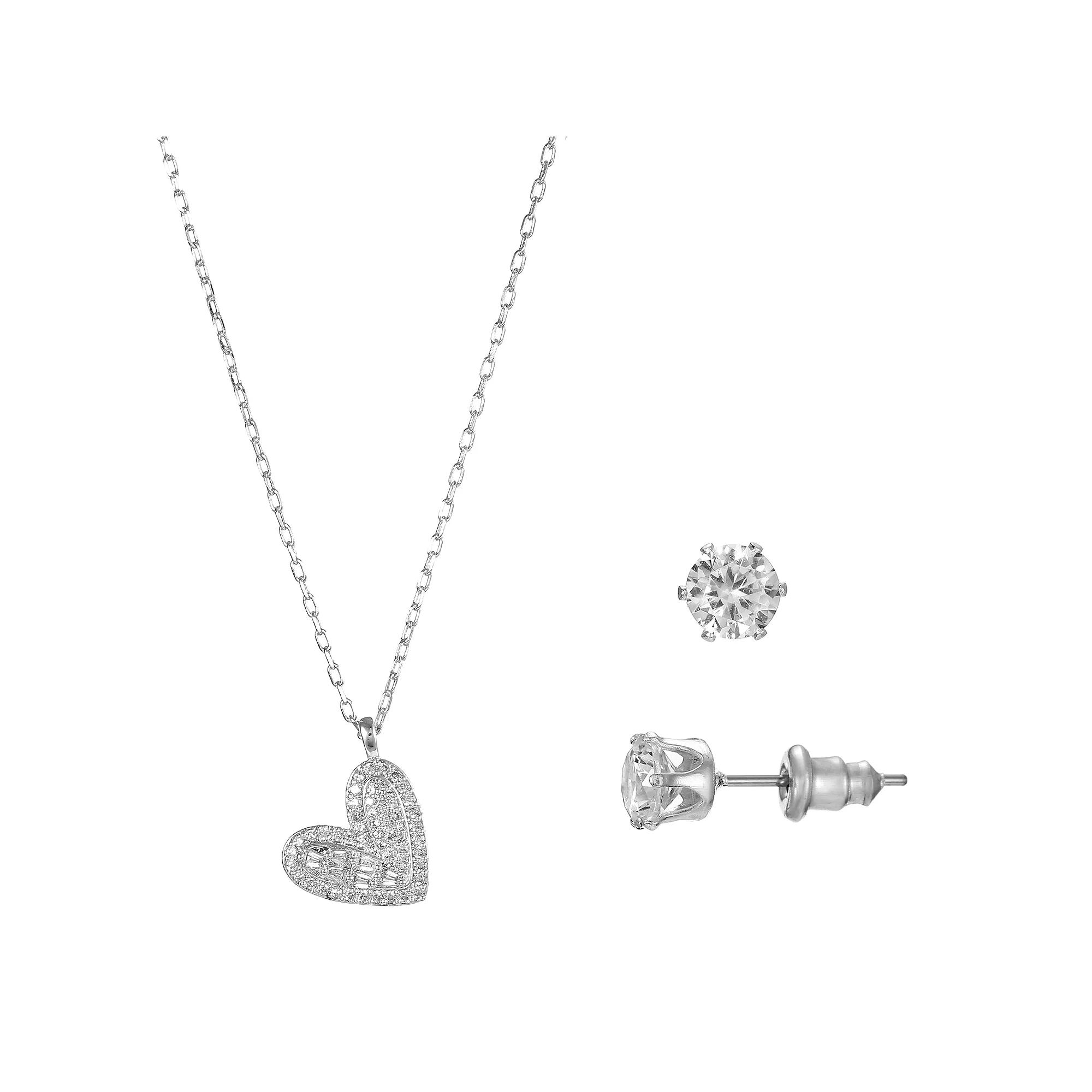Silver Tone Cubic Zirconia Pave Heart Pendant Necklace & Stud Earrings Set, Women's, Silver Tone Clear Product Image