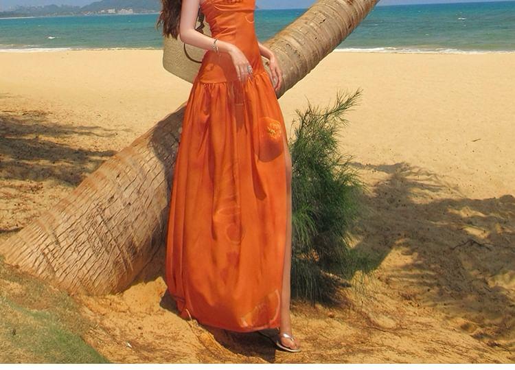 Strapless Printed Slit Midi A-Line Dress Product Image