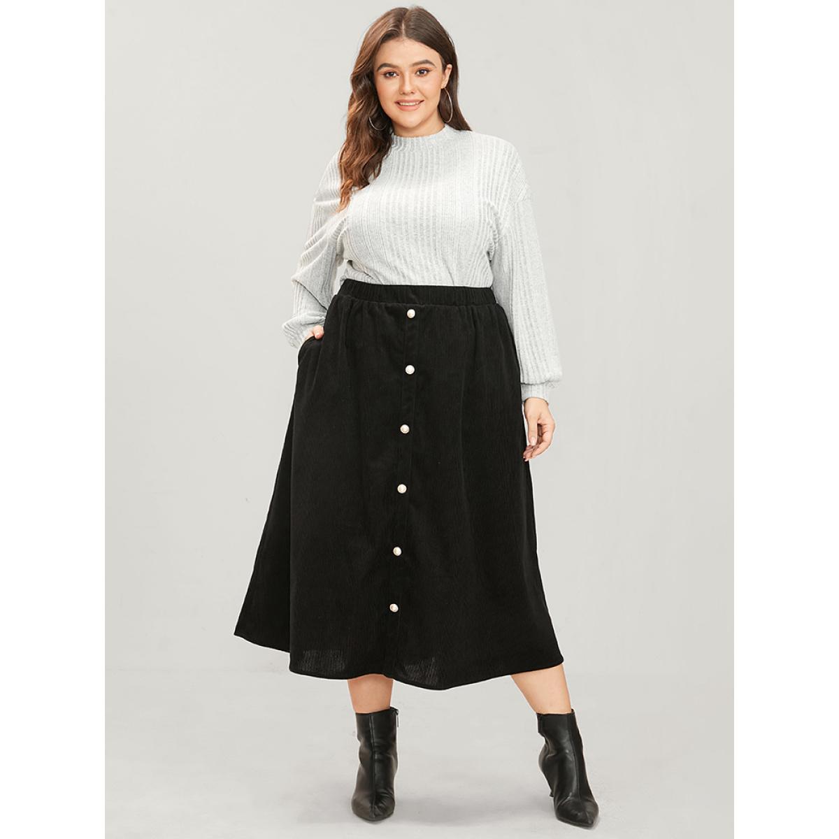 Plus Size Solid Button Detail Pocket Elastic Waist Corduroy Skirt Women Black Elegant Button No stretch Pocket Dailywear Skirts BloomChic 18-20/2X Product Image