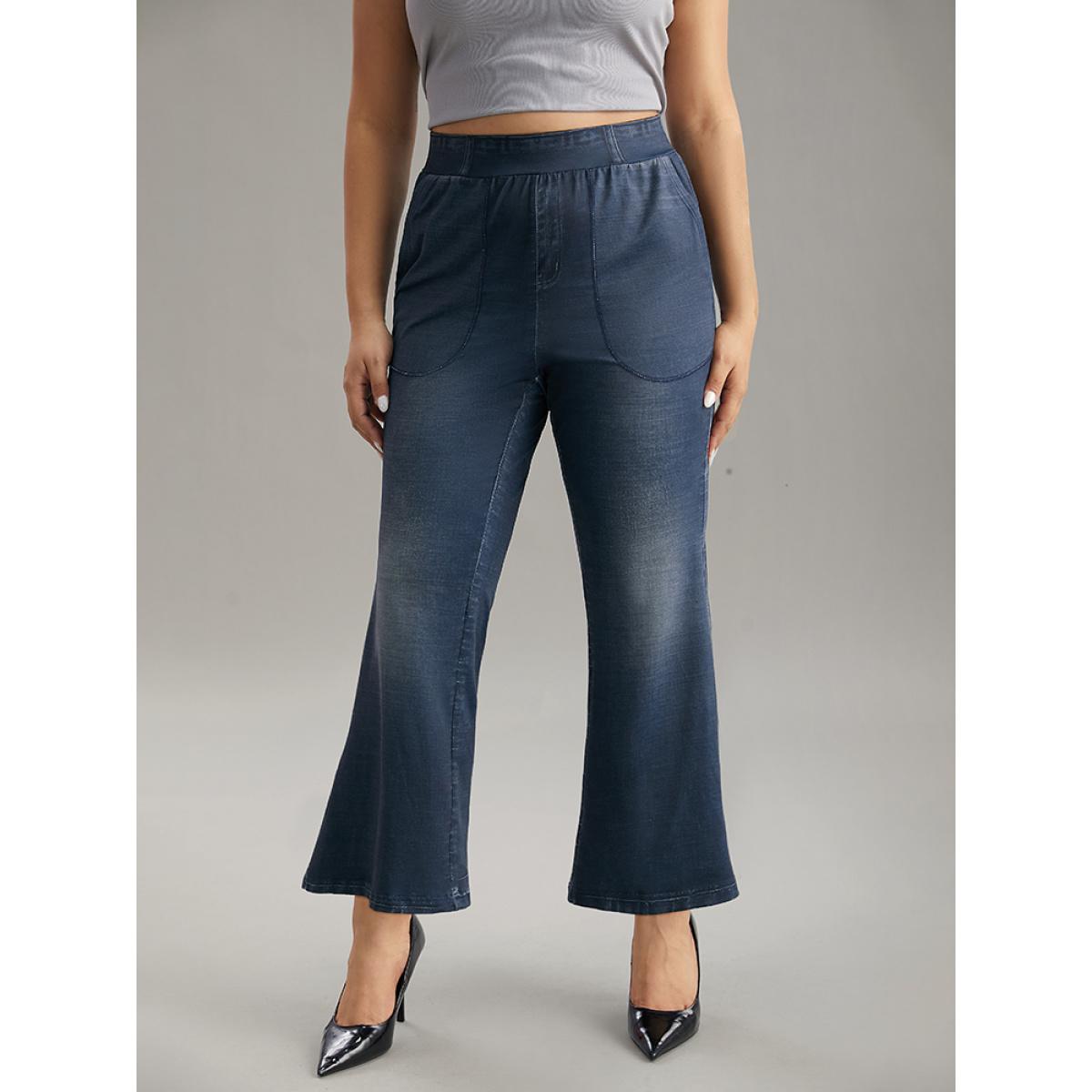 Plus Size Denim Effect Print Elastic Waist Flare Leg Leggings Women Stone Casual High stretch Flare Leg High Rise Everyday Leggings BloomChic 22-24/3X Product Image