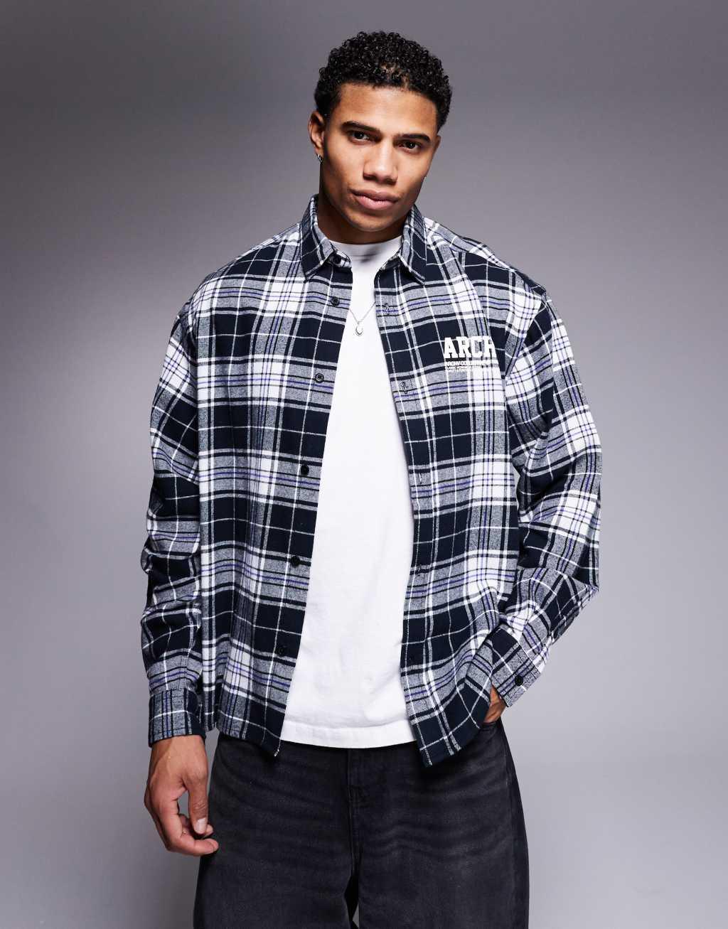 ASOS DESIGN boxy oversized check shirt with chest and back print Product Image