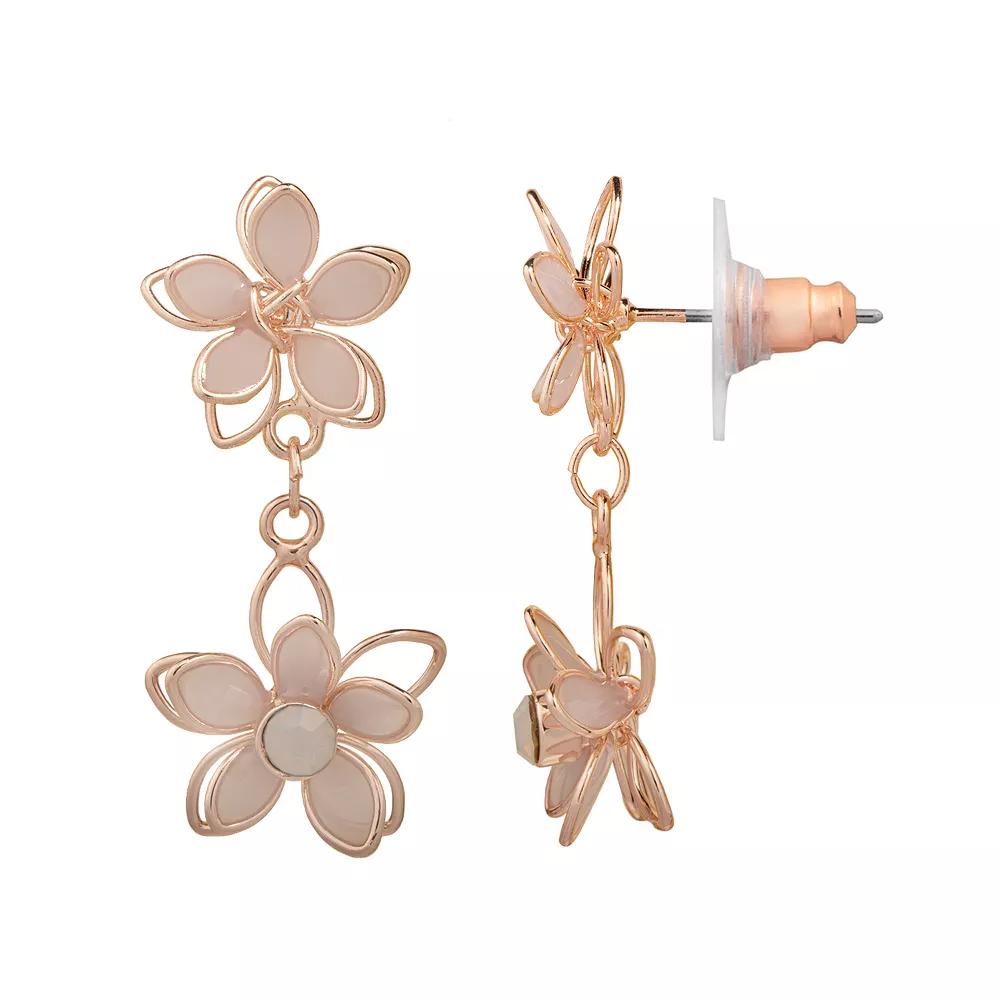 LC Lauren Conrad Rose Gold Tone Crystal Double Flower Drop Earrings, Women's Product Image