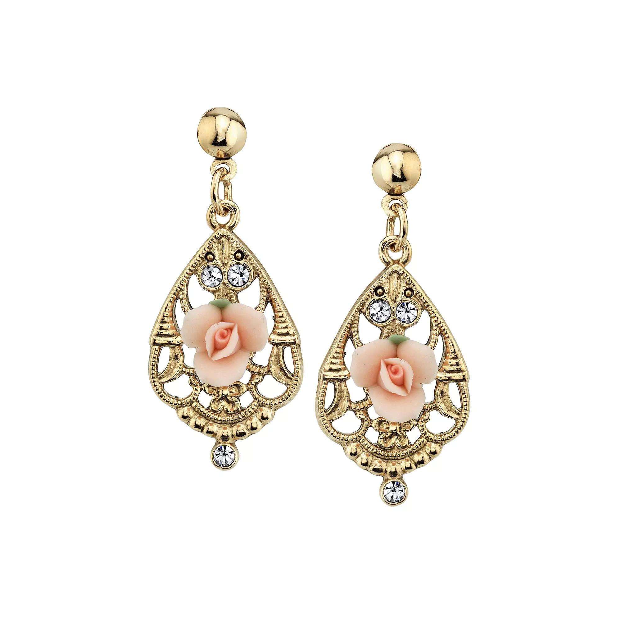 1928 Pink Porcelain Rose & Simulated Crystal Drop Earrings, Womens Product Image