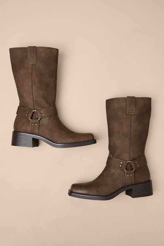 Autumn Coffee Distressed Mid-Calf Moto Boots Product Image