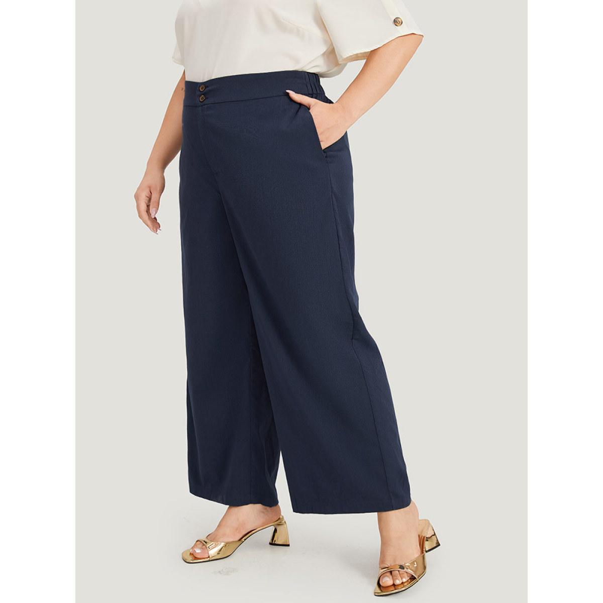 Plus Size Solid Button Up Pocket Wide leg High Rise Pants Women Indigo Office Straight Leg High Rise Work Pants BloomChic 10/M Product Image