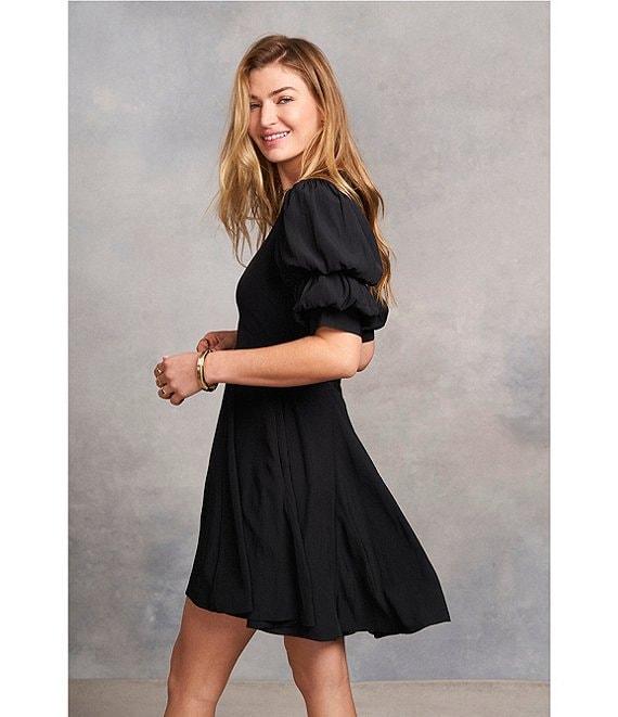 1. STATE Short Puffed Sleeve V-Neck Suede Satin Mini Dress Product Image