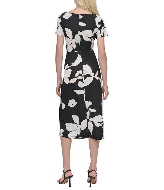DKNY by Donna Karan Matte Jersey Floral Print Boat Neck Short Sleeve Twist Front Sheath Midi Dress Product Image