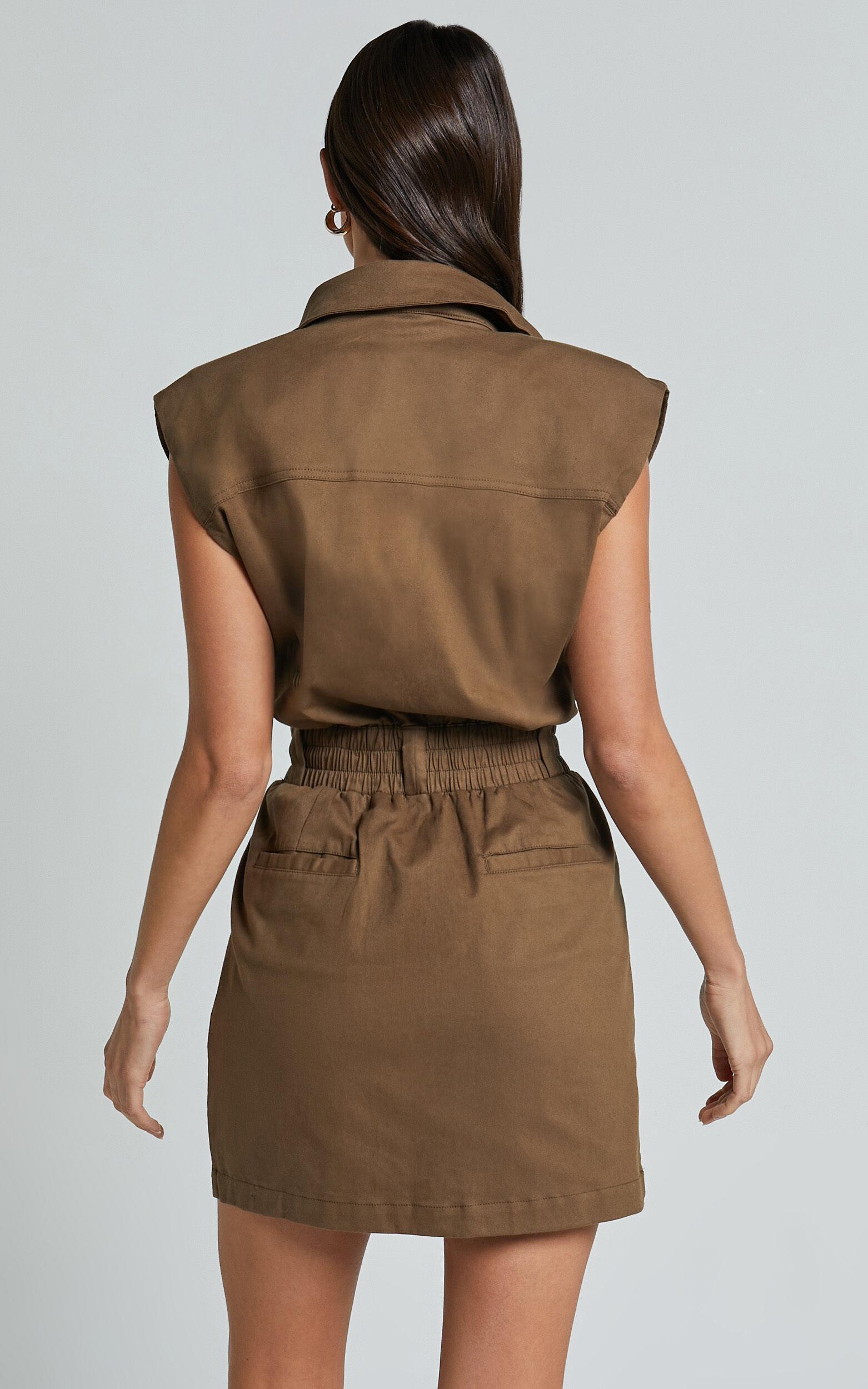 Dana Mini Dress - Collared Button Front Utility Dress in Khaki Product Image