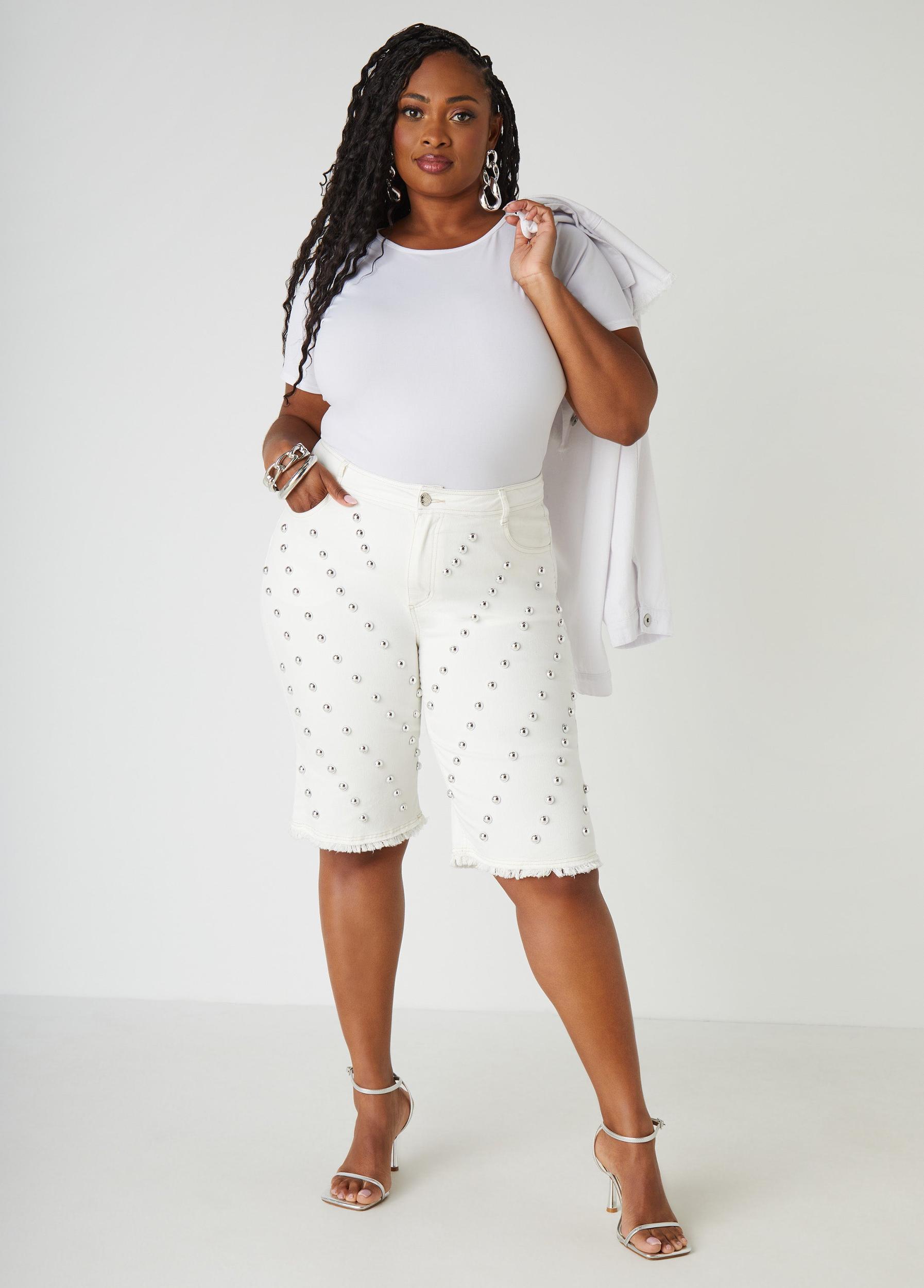 Plus Size Studded Frayed Denim Bermuda Shorts Ashley Stewart Product Image