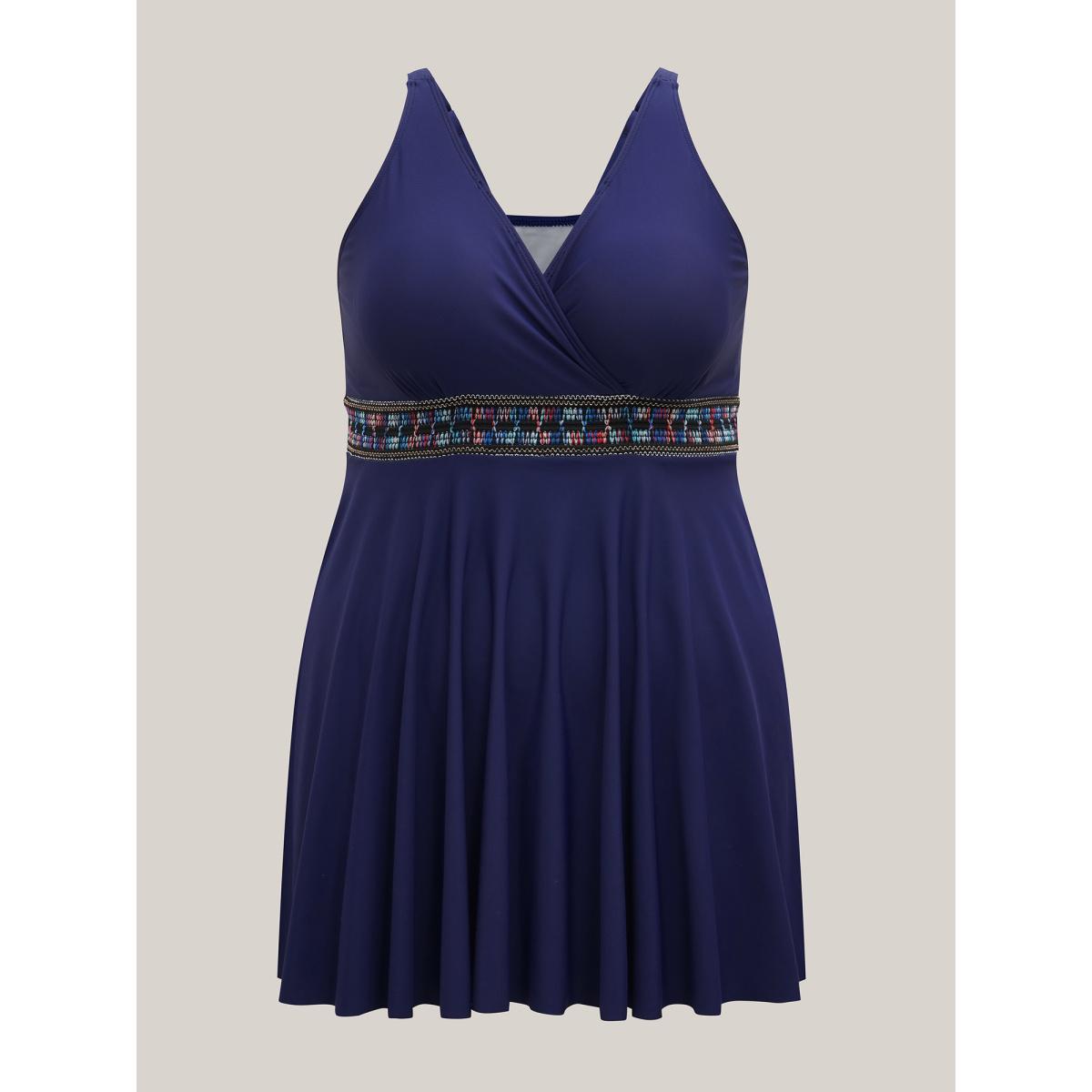 Plus Size Surplice Neck Webbed Swim Dress Women's Swimwear Indigo Beach Bodycon Overlap Collar High stretch Curve Swim Dresses BloomChic 22-24/3X Product Image