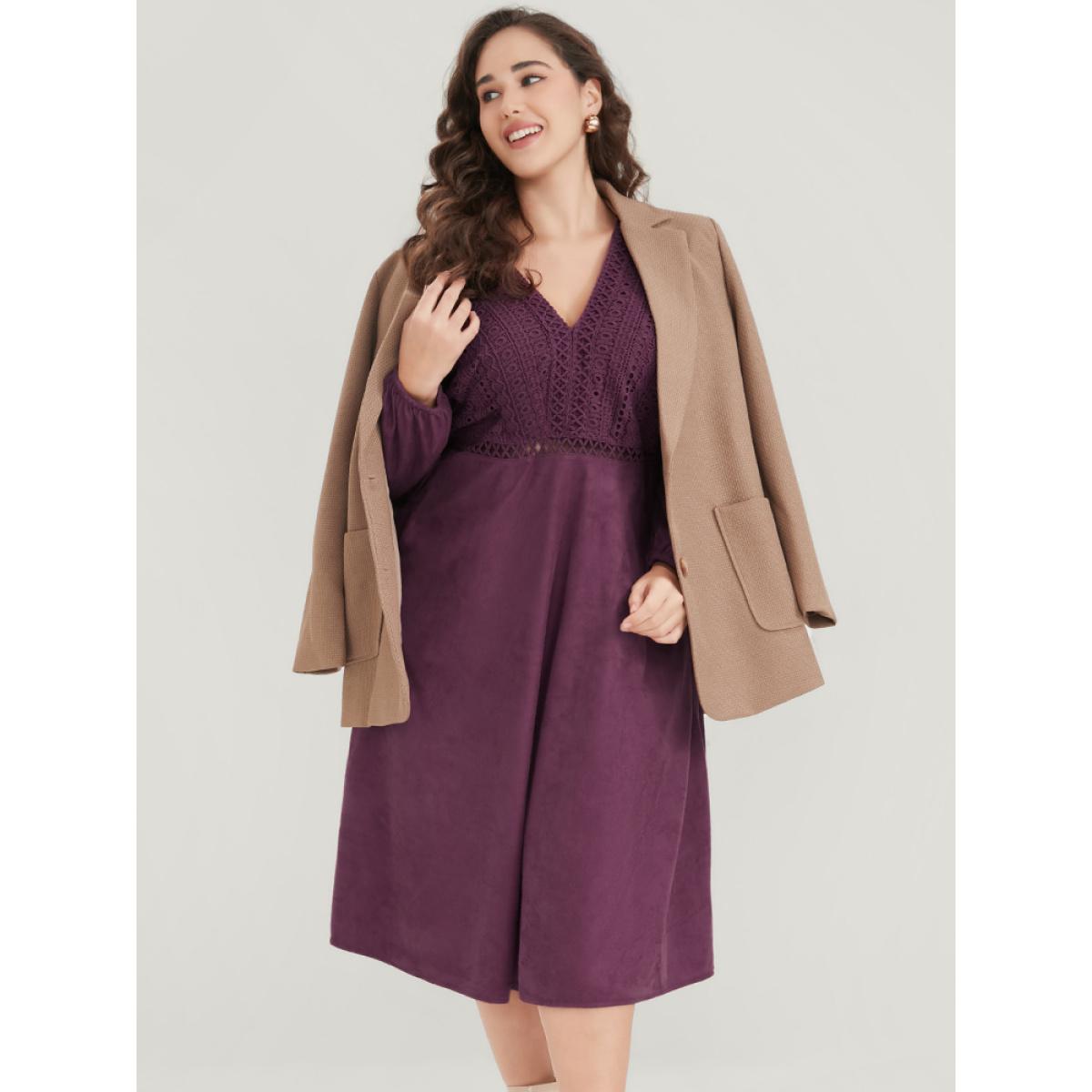 Plus Size Solid Lantern Sleeve Pocket Crochet Lace Dress Burgundy Women Elegant Patchwork V-neck Long Sleeve Curvy Midi Dress BloomChic 26/4X Product Image