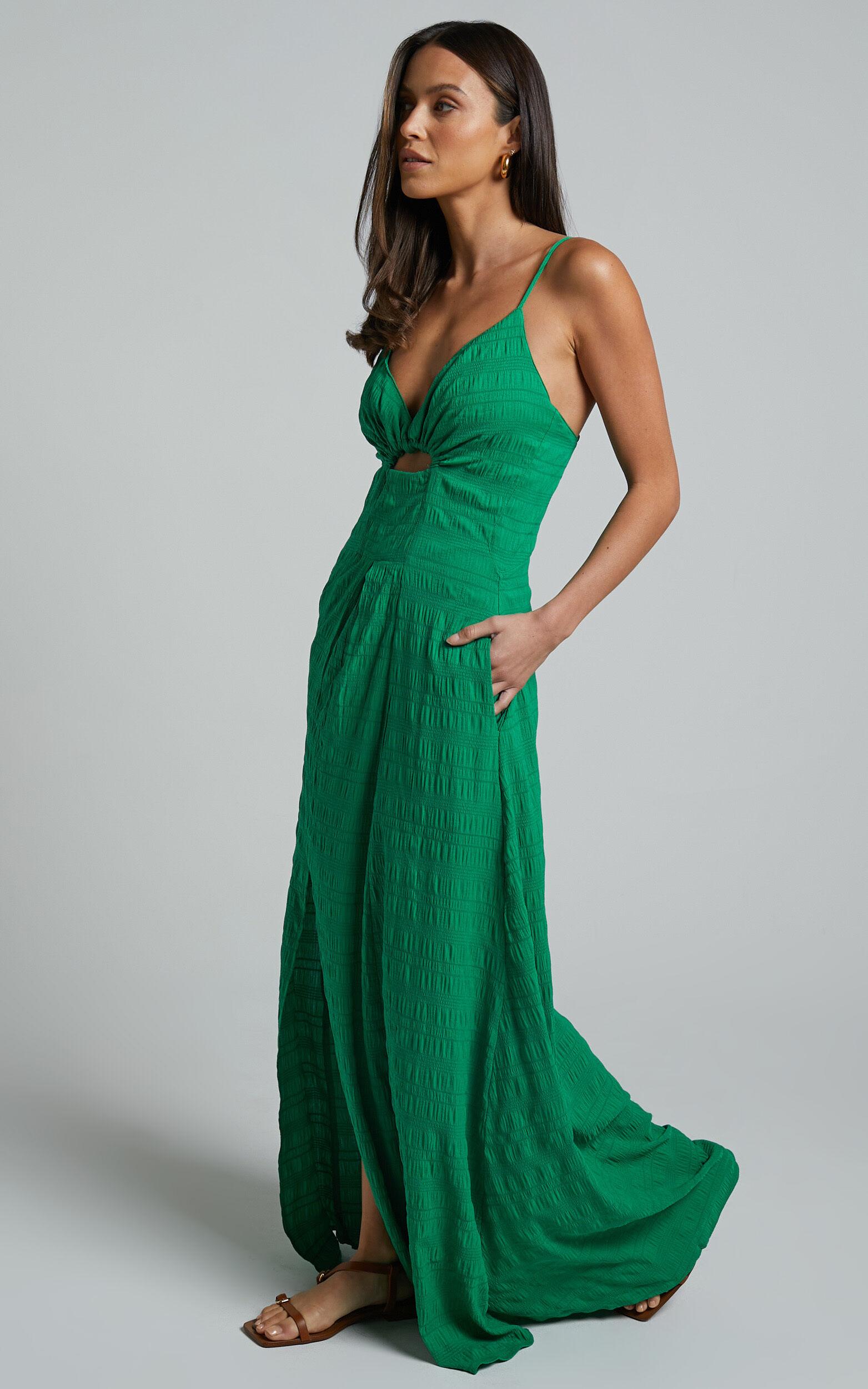 Marisse Maxi Dress - Cut Out Front Split Cross Back Textured Dress in Green Product Image