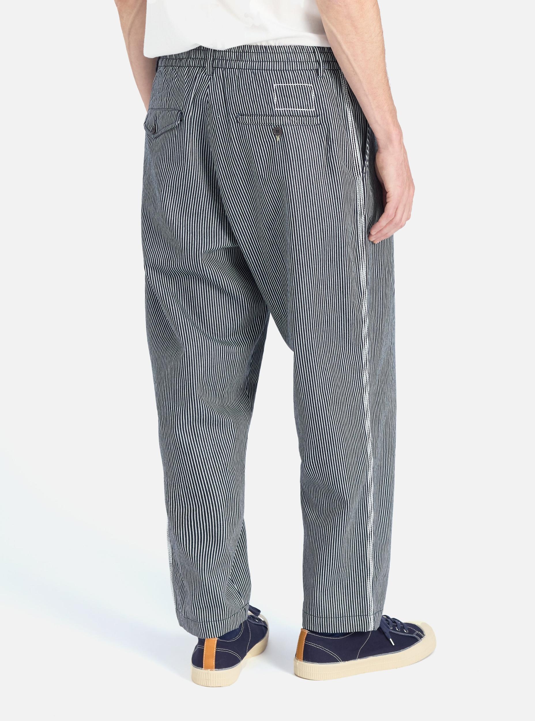Universal Works Pleated Track Pant in Indigo Hickory Stripe Denim Product Image
