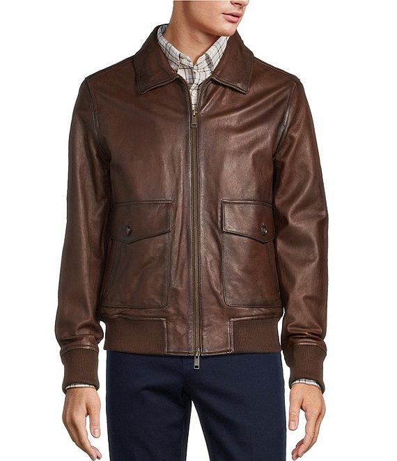 Roundtree & Yorke Shearling Collar Long Sleeve Leather Aviator Bomber Jacket Product Image