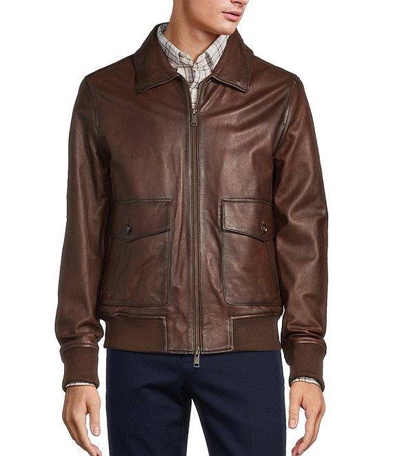 Roundtree & Yorke Shearling Collar Long Sleeve Leather Aviator Bomber Jacket Product Image