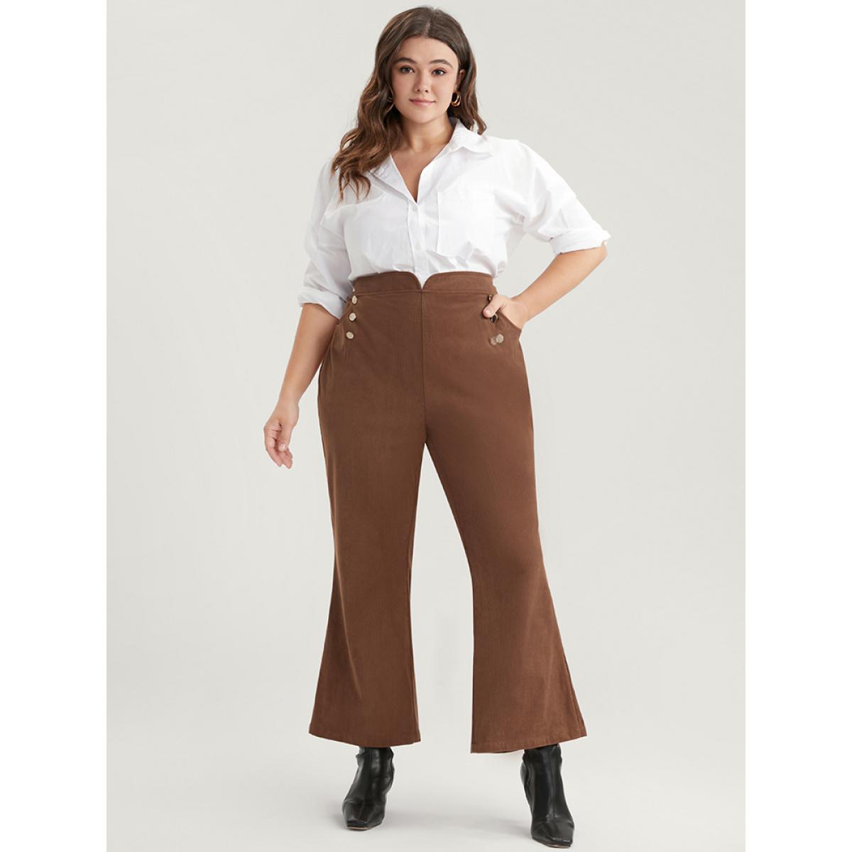 Plus Size Solid Pocket Button Detail Corduroy Flare Leg Pants Women DarkBrown Office Flare Leg High Rise Work Pants BloomChic 26/4X Product Image