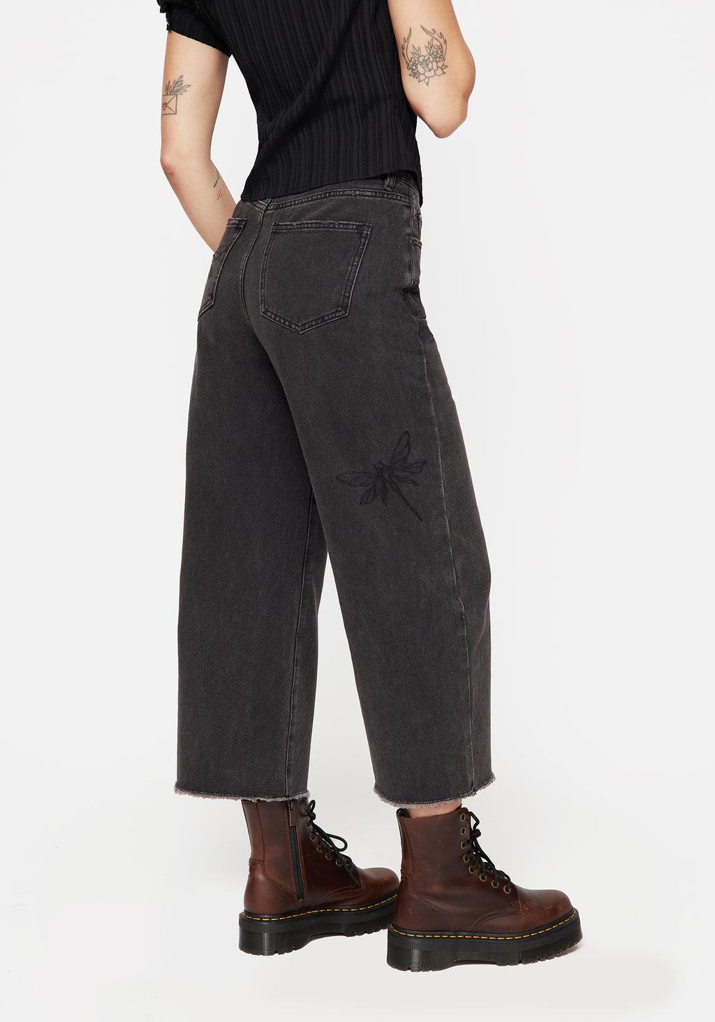 Dragonfly Embroidered Wide Leg Denim Culotte Jeans Product Image