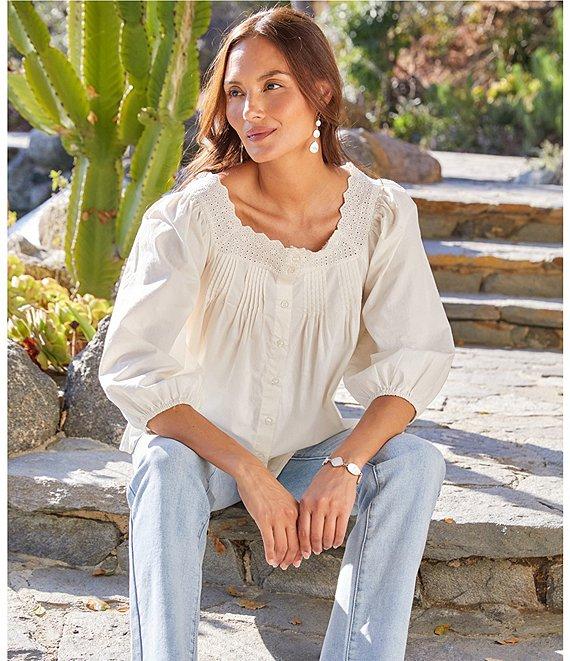 Karen Kane Embroidered Scalloped Square Neck 3/4 Sleeve Button-Front Blouse Product Image