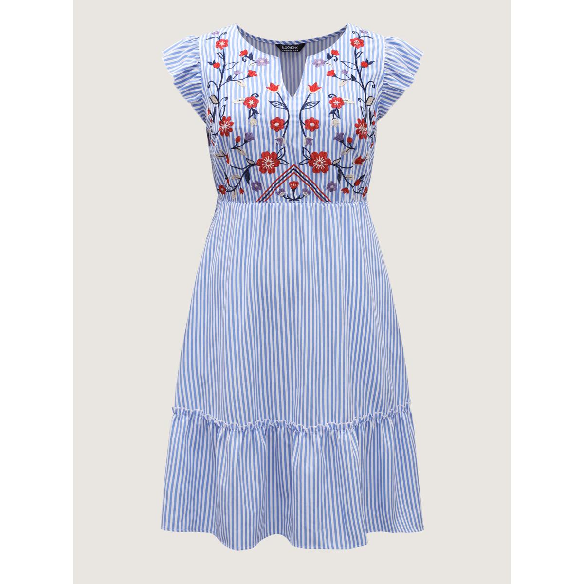 Plus Size Floral Embroidery Stripes Flutter Midi Dress LightBlue Women Boho Round Neck Cap Sleeve Curvy BloomChic 22-24/3X Product Image