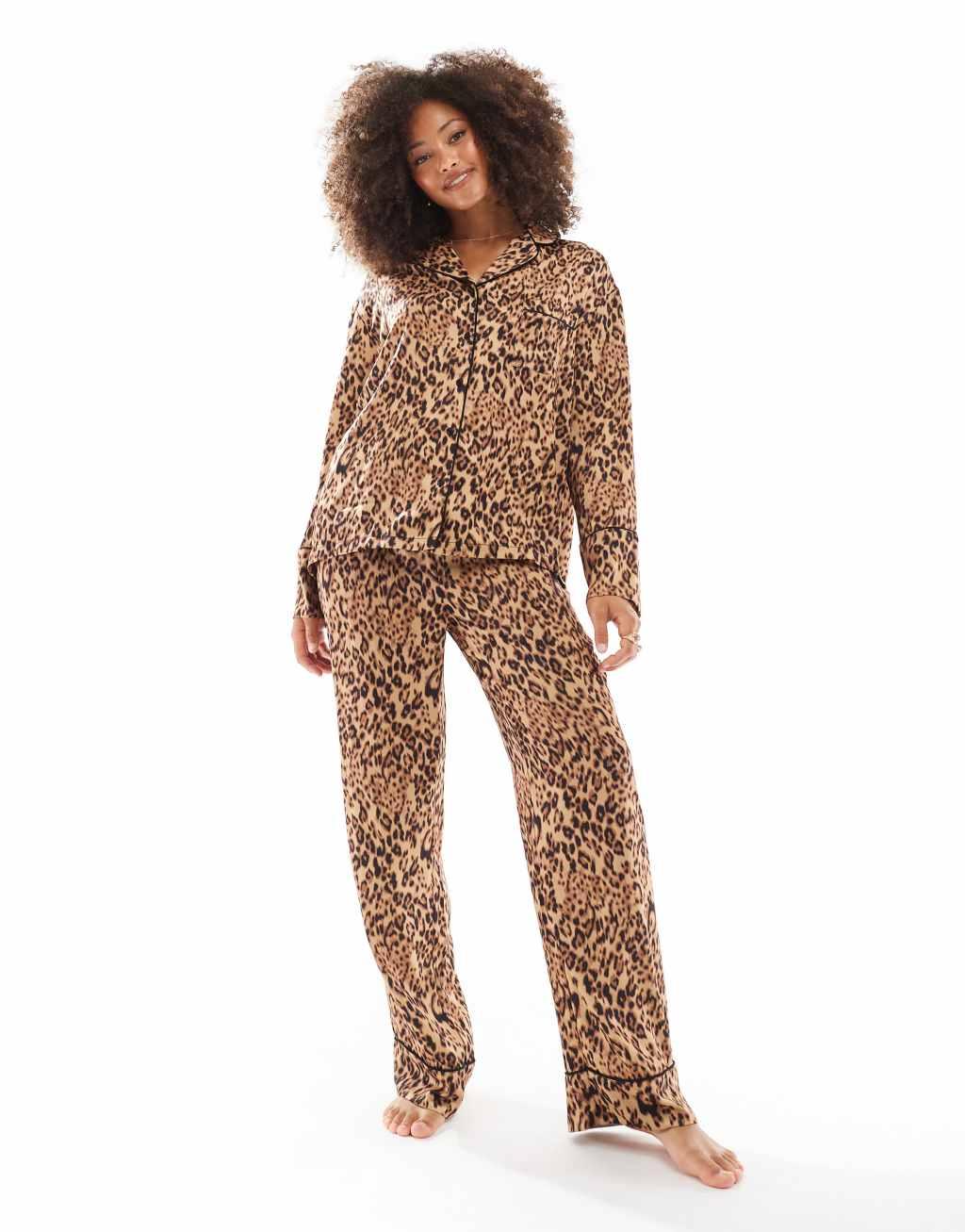 4th & Reckless long sleeve satin pajama shirt in leopard print - part of a set Product Image