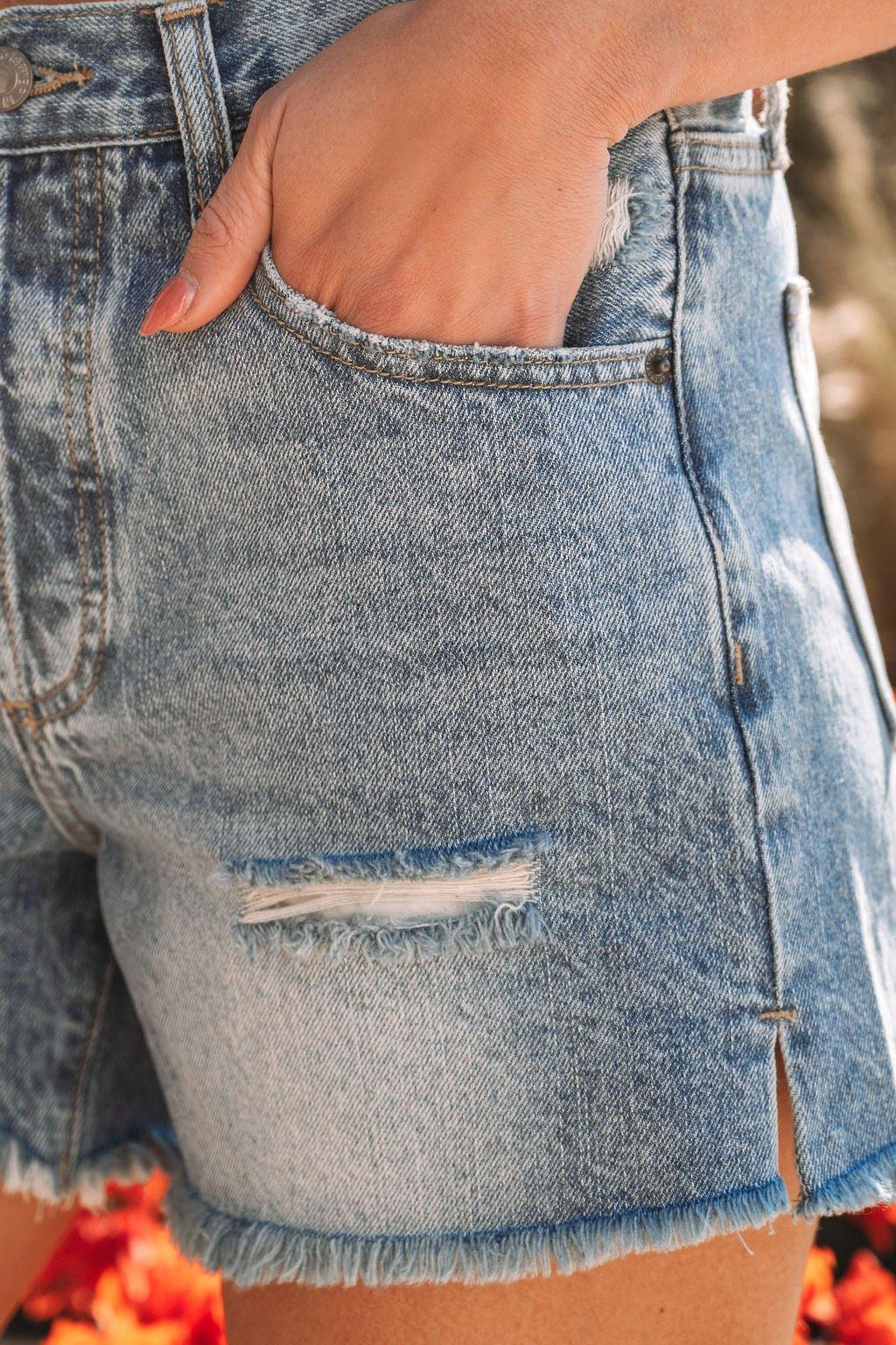 Medium Wash Distressed Denim Shorts - FINAL SALE Product Image