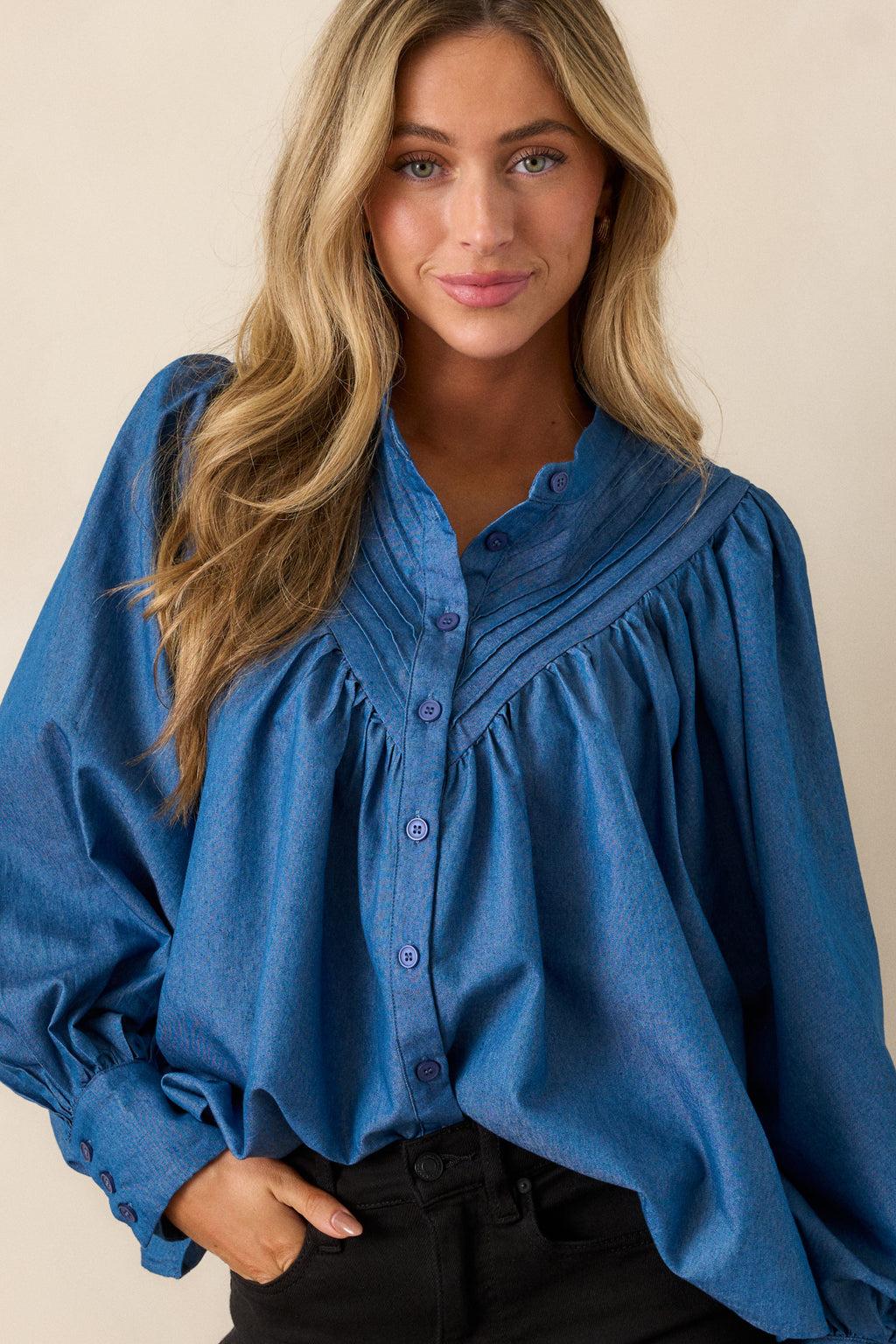 See What Happens Medium Wash Chambray Blouse Product Image