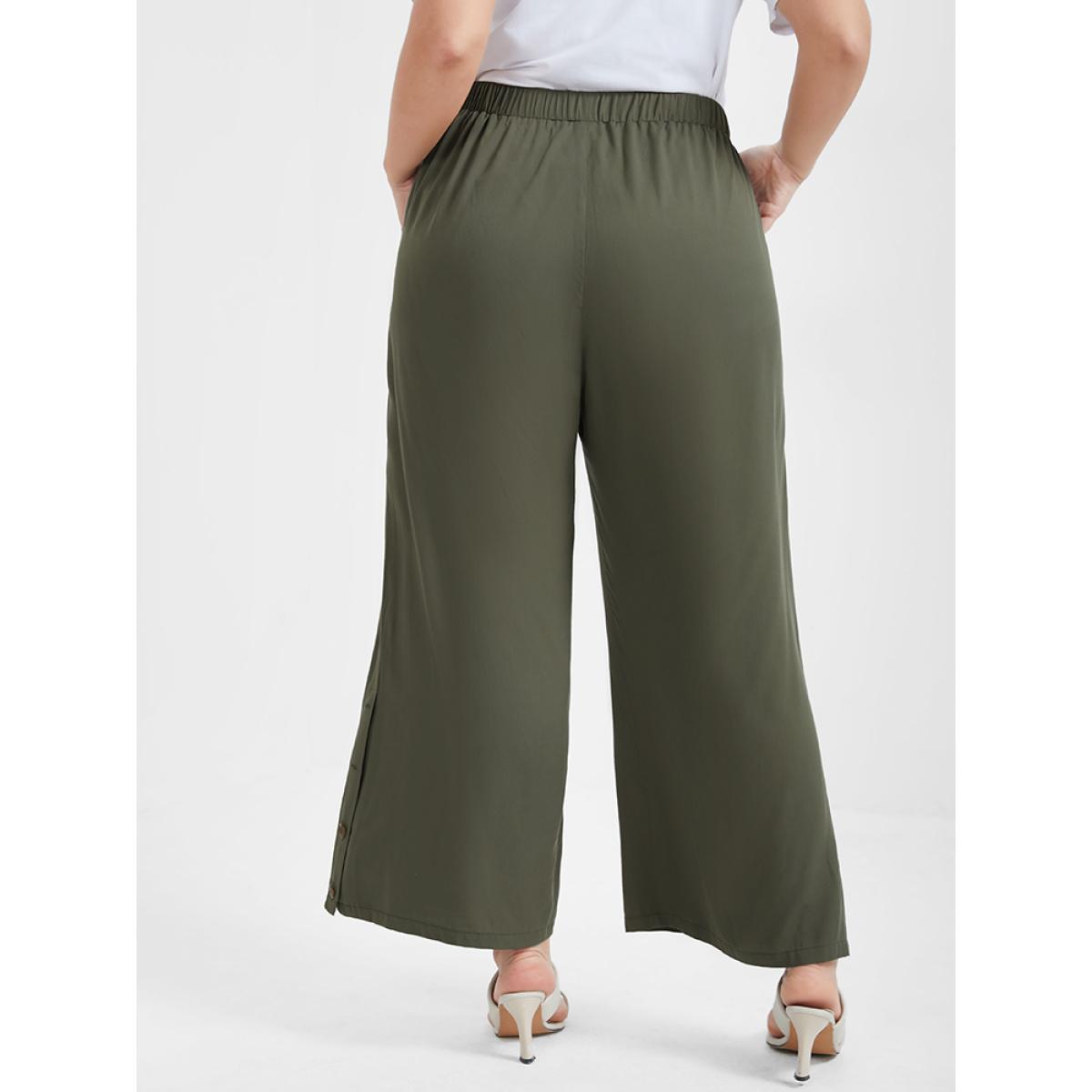 Plus Size Solid Button Elastic Waist Pocket Loose Pants Women ArmyGreen Elegant High Rise Dailywear Pants BloomChic 18-20/2X Product Image