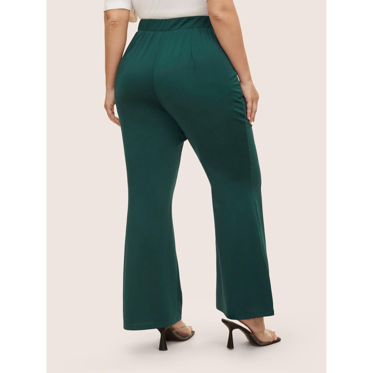 Plus Size Plain Tie Knot Mid Rise Bootcut Pants Women DarkGreen Elegant Bootcut Mid Rise Everyday Pants BloomChic 12/L Product Image