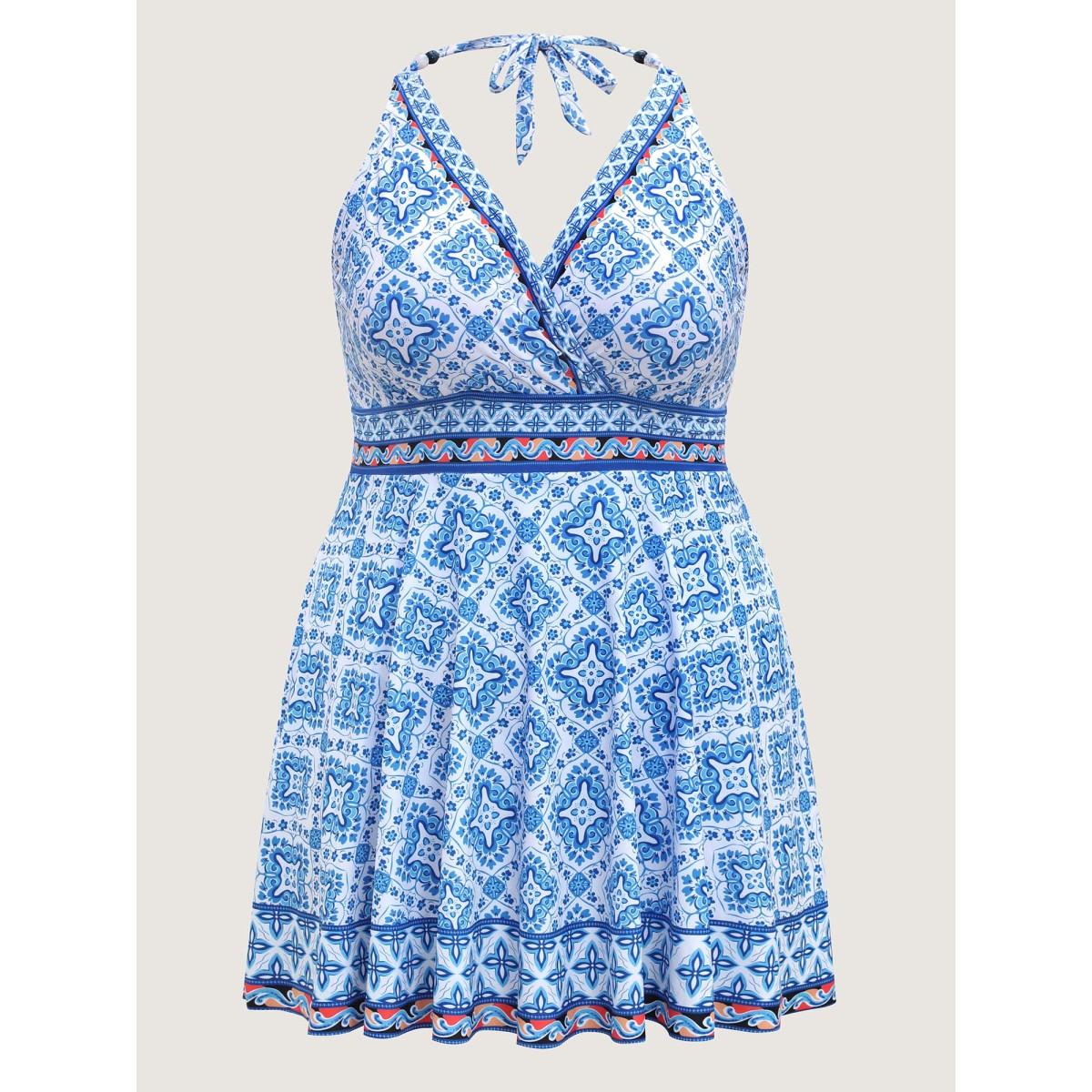 Plus Size Anti-Float Ties Boho Beaded Swim Dress Women's Swimwear Indigo Beach Bodycon Overlap Collar High stretch Curve Swim Dresses BloomChic 18-20/2X Product Image