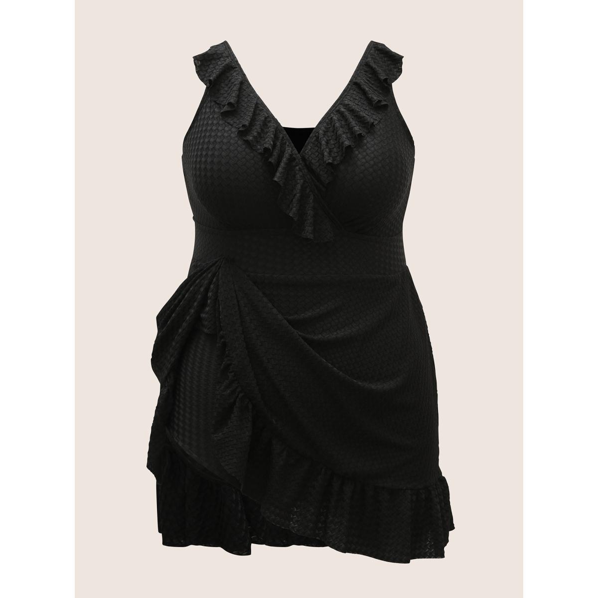 Plus Size V Neck Solid Textured Ruffle Trim Swim Dress Women's Swimwear Black Beach Bodycon V-neck High stretch Curve Swim Dresses BloomChic 14-16/1X Product Image