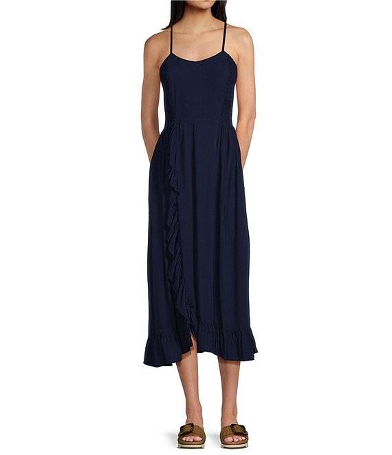 Angie Scoop Neck Spaghetti Strap Racer Back Ruffle Front Midi Dress Product Image