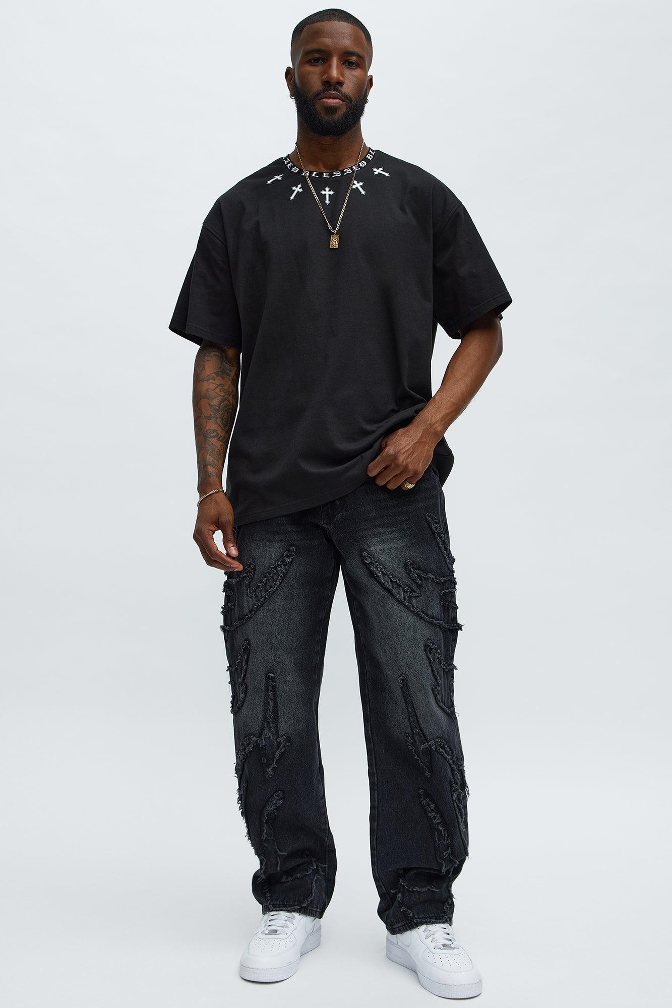 Relaxed Straight Rugged Fray Jeans - Black Wash Male Product Image