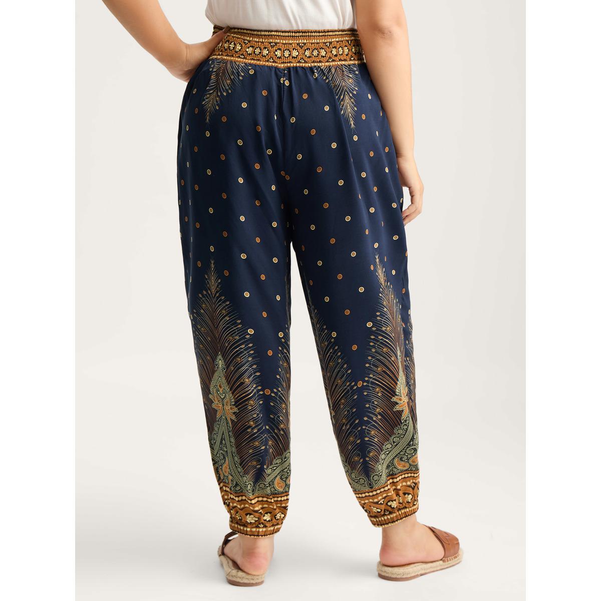 Plus Size Peacock Print Shirred Jogger Pants Women Indigo Boho Mid Rise Vacation Pants BloomChic 10/M Product Image
