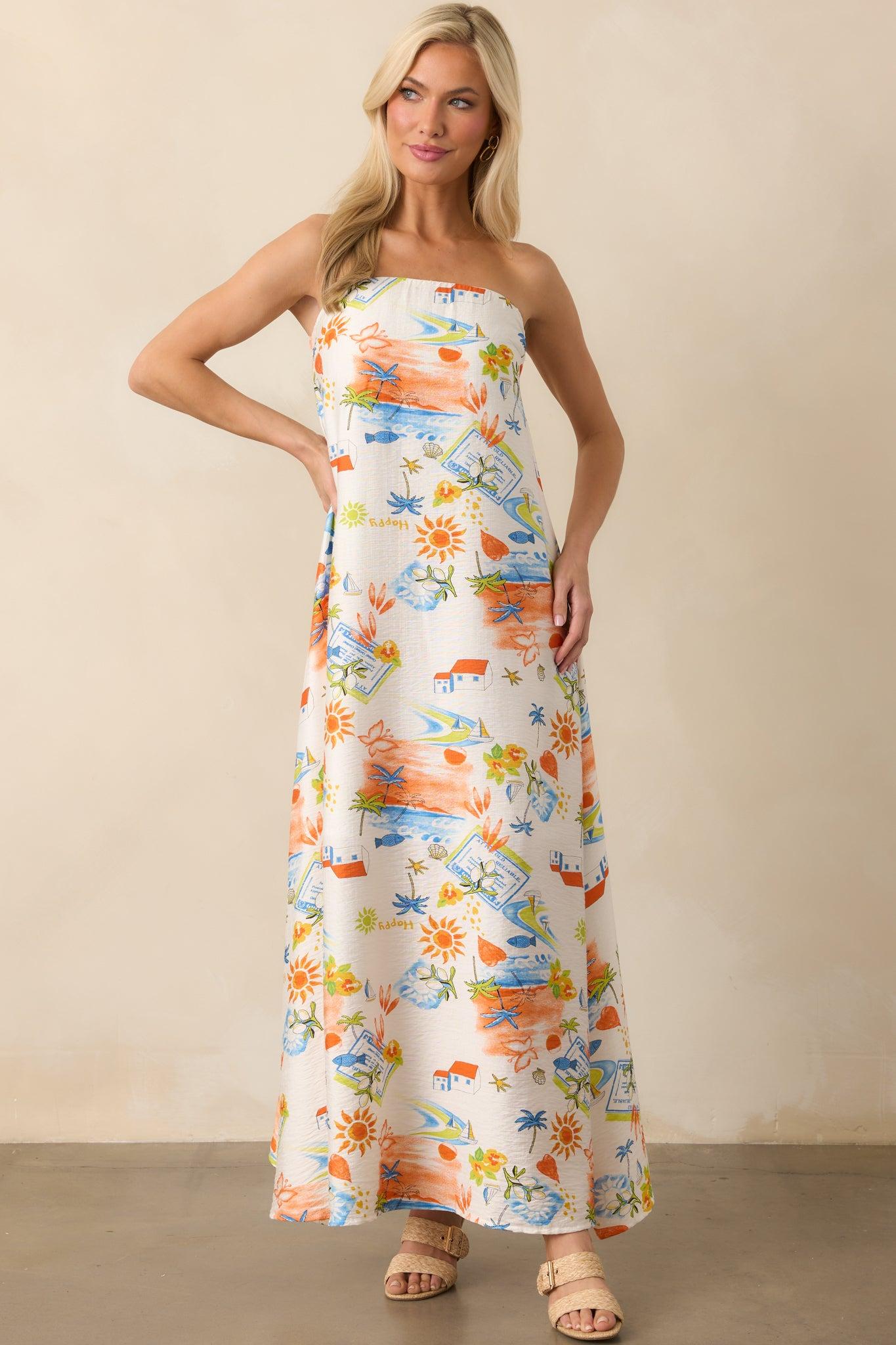 Try To Change It Up Orange Tropical Print Strapless Maxi Dress Product Image