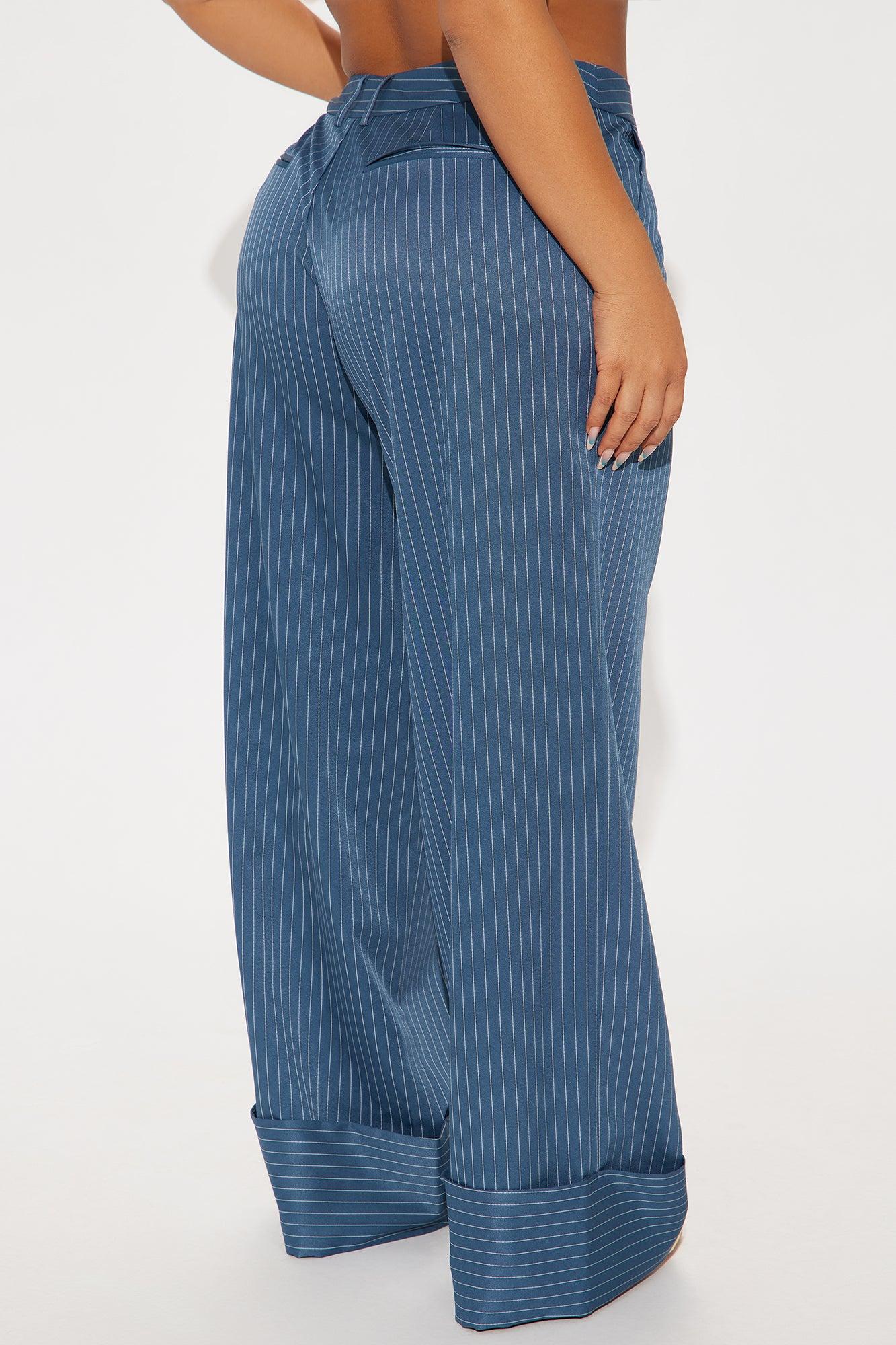 On A Tight Schedule Pinstripe Cuffed Trouser Pant - Blue Female Product Image