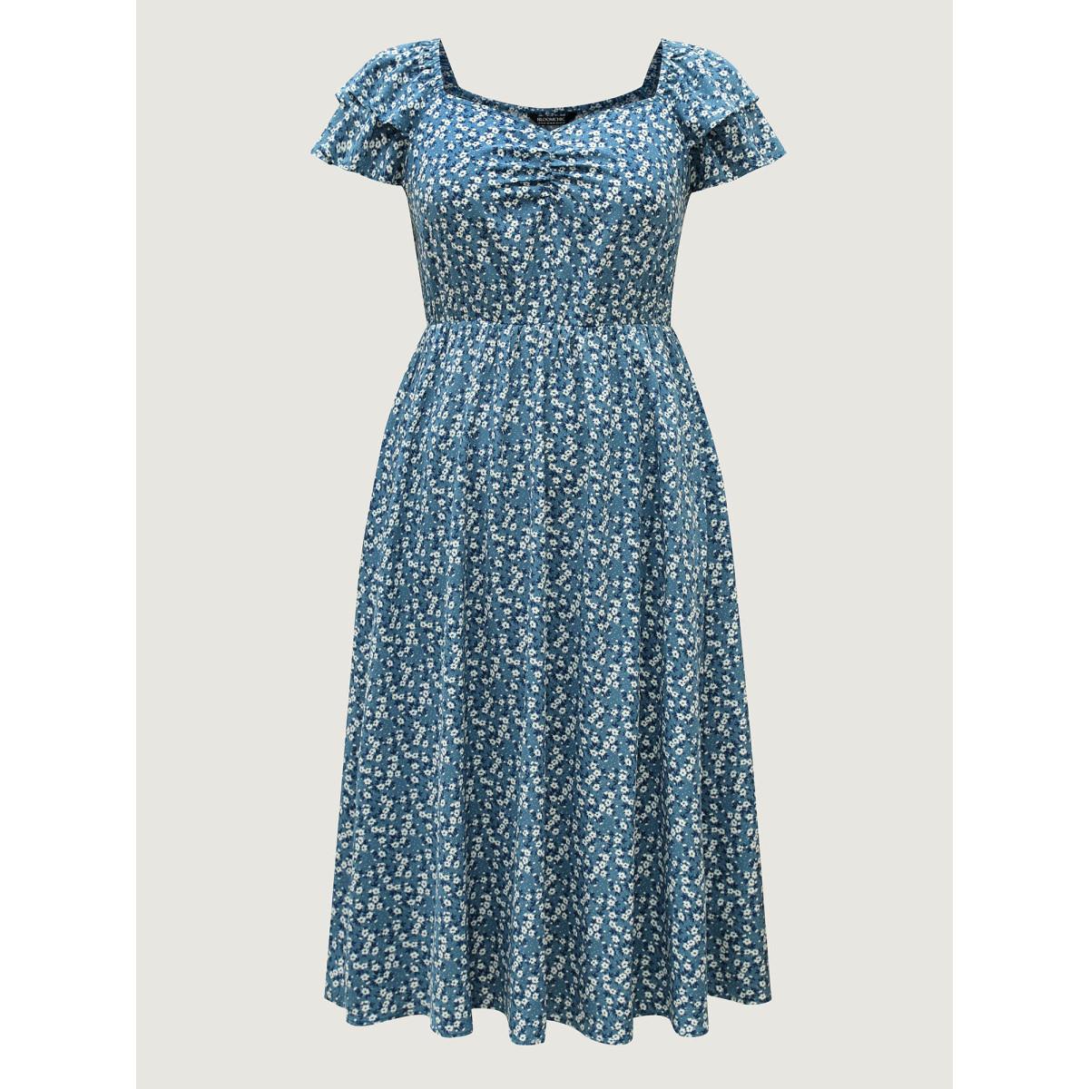 Plus Size Ditsy Floral Print Layered Ruffled Sleeve Dress Aegean Women Heart neckline Cap Sleeve Curvy BloomChic 12/L Product Image