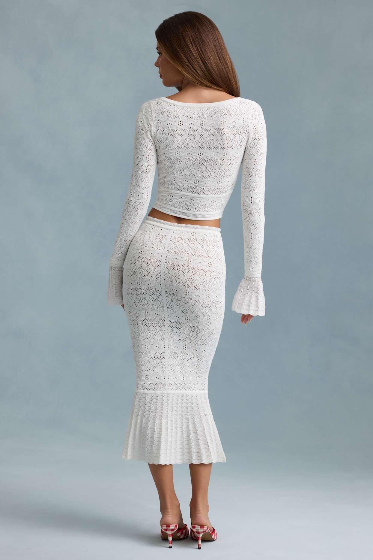 Ruffle-Trim Pointelle-Knit Midaxi Skirt in White Product Image