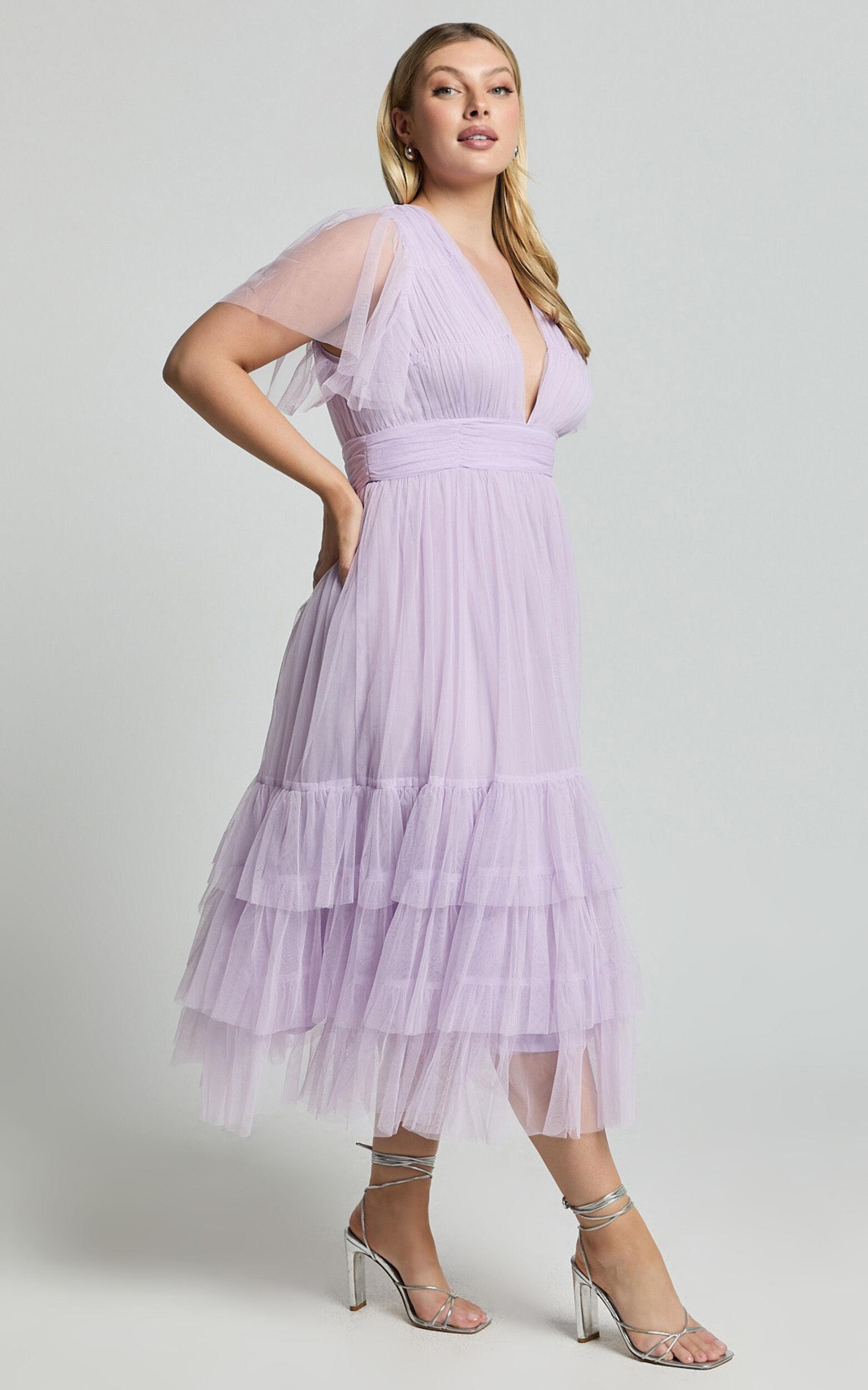 Jiraye Midi Dress - Flutter Sleeve Tuelle Plunge Dress in Lilac Product Image