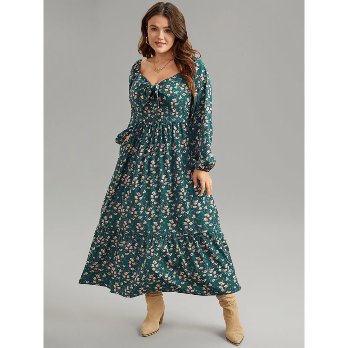 Plus Size Ditsy Floral Square Neck Elastic Waist Ties Dress Teal Women Vacation Elastic cuffs Square Neck Long Sleeve Curvy Midi Dress BloomChic 14-16/1X Product Image